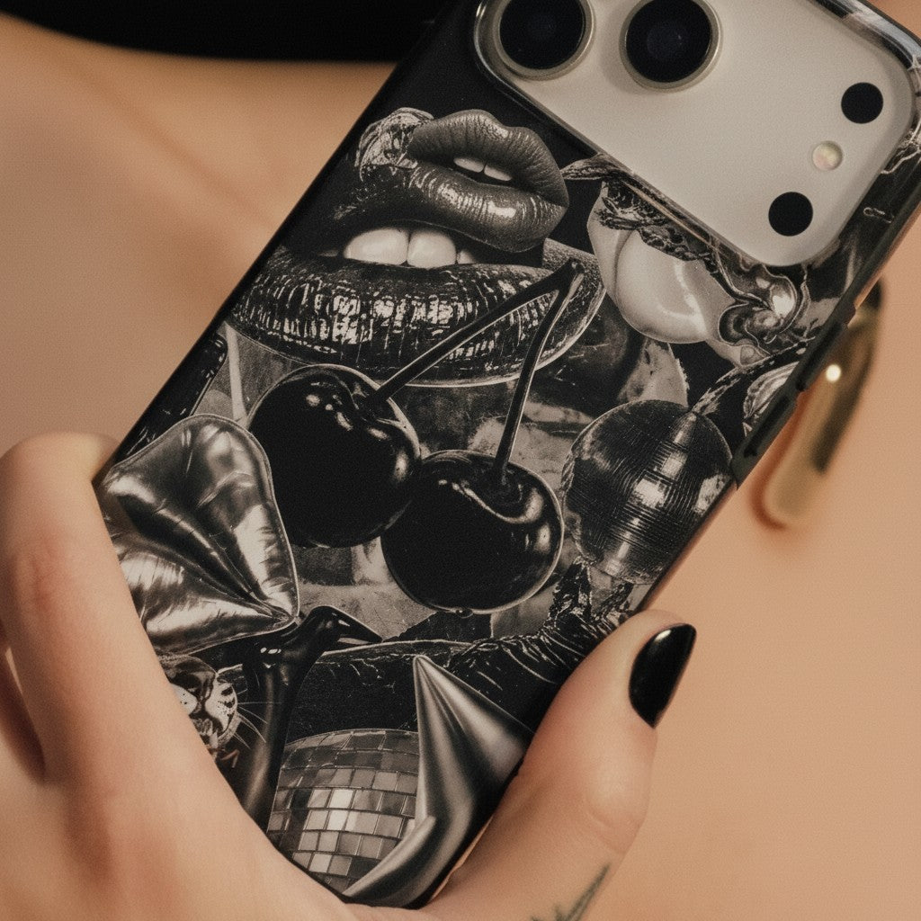 Hand met zwarte nagels houdt een zwart-wit telefoonhoesje met kersen en lippen vast