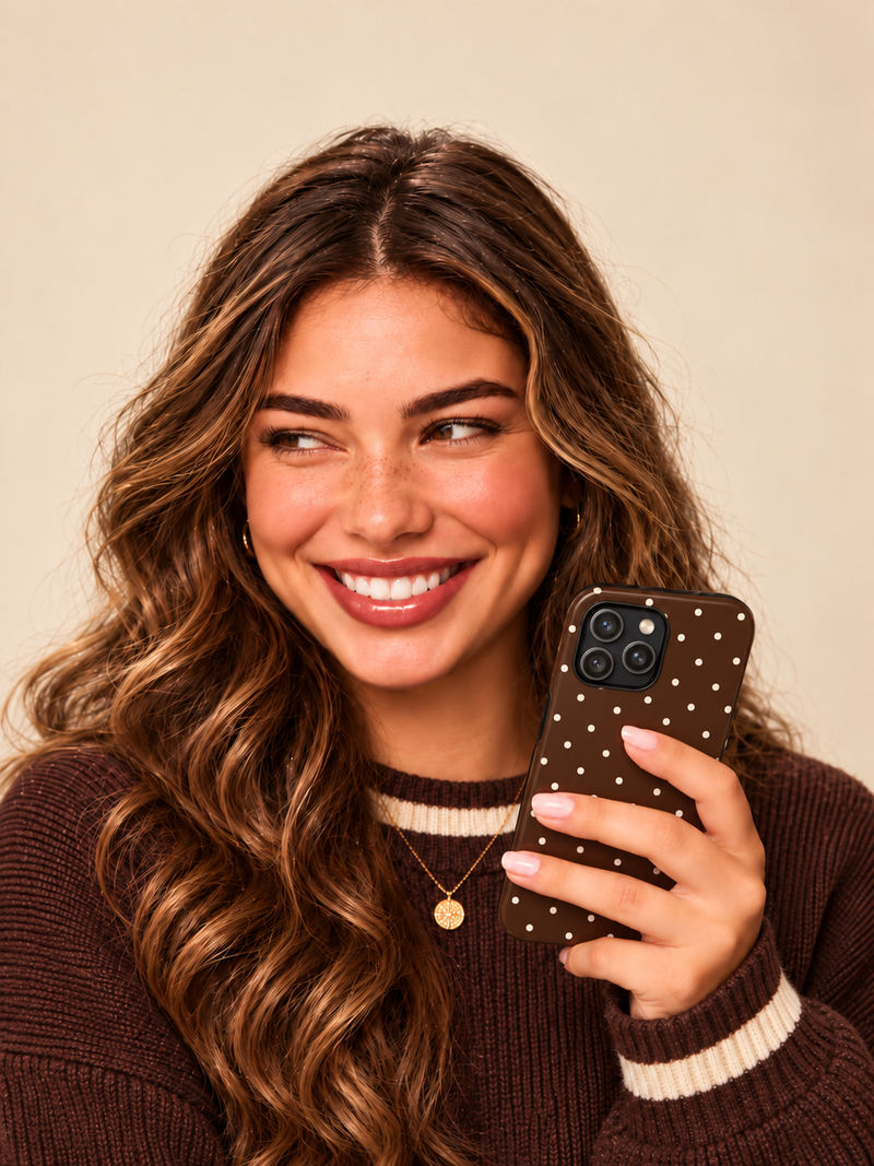 Lachende vrouw met een bruin telefoonhoesje met witte stippen